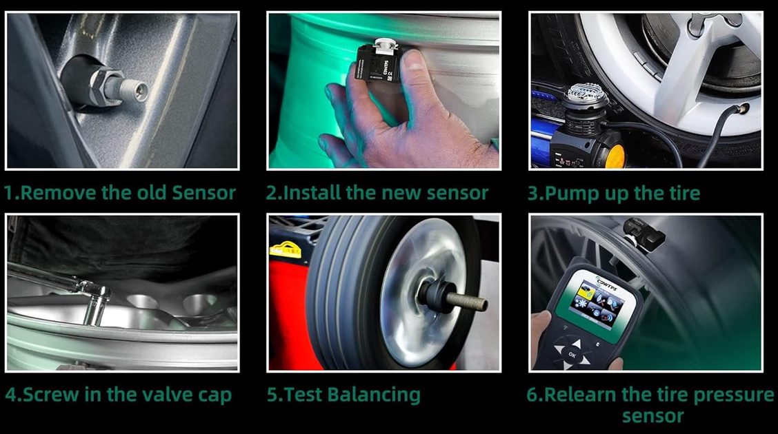 CDWTPS TPMS Sensor Installation and Relearn Guide Step-by-step tutorial illustration for installing TPMS sensors and using an activation tool to relearn the vehicle's system