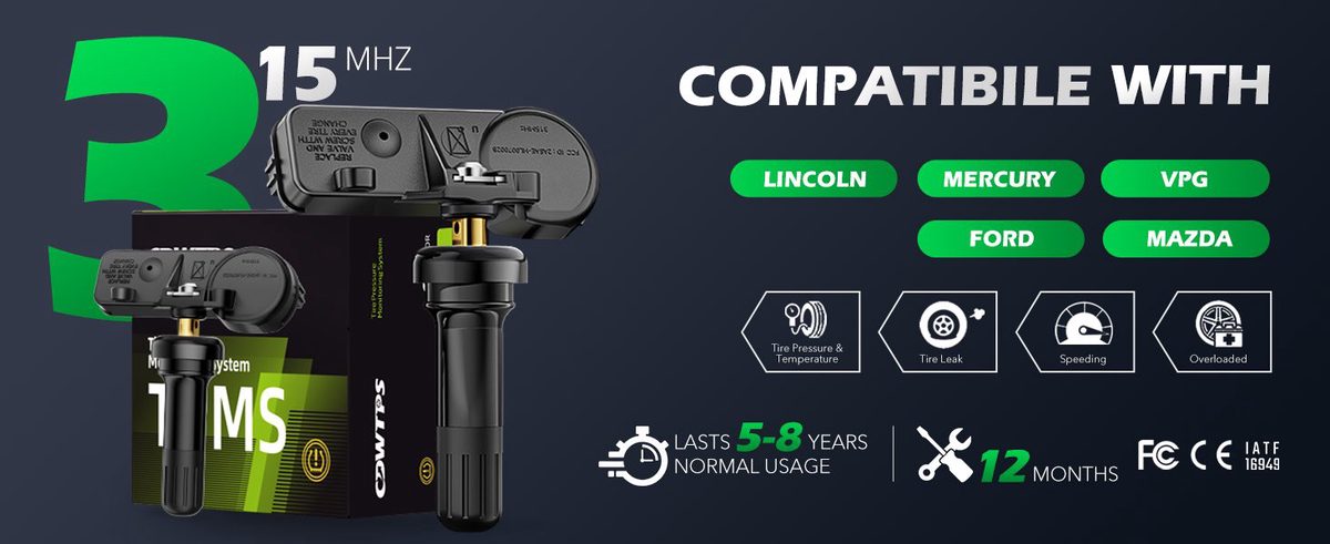 CDWTPS GM 315MHz TPMS Sensor Key Features Product overview graphic highlighting pre-programmed compatibility, long-life battery, temperature tolerance, and OE replacement part numbers
