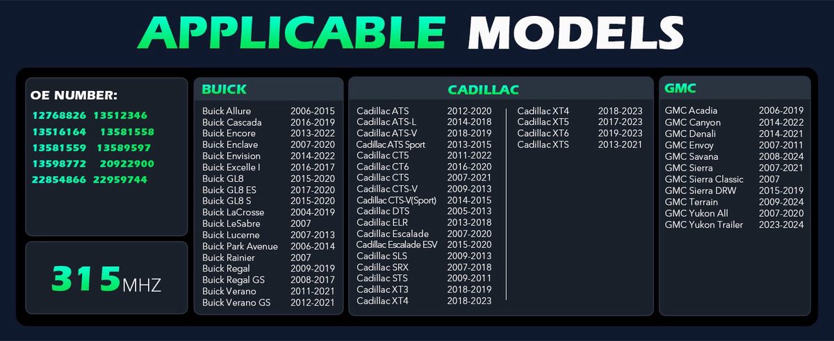 Compatible GM Vehicle List (2006–2020) — Chevrolet, GMC, etc. Compatibility chart part one, listing Chevrolet Silverado, Traverse, GMC Sierra, Terrain, and other 2006–2020 GM models