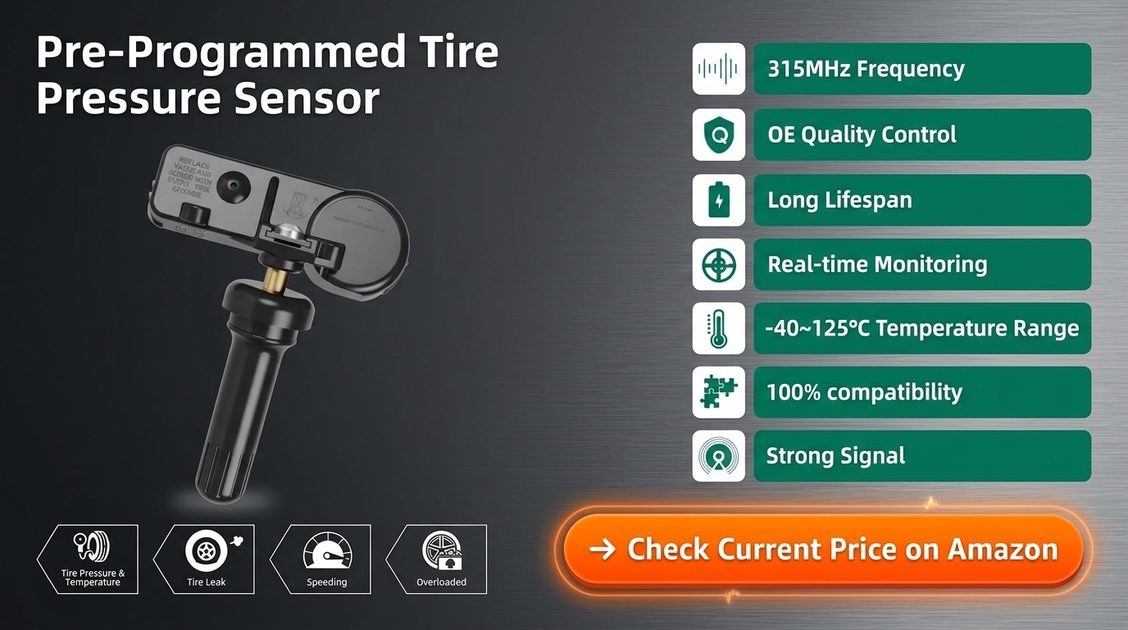 CDWTPS TPMS Sensor 4-Pack Unboxed with Key and Relearn Tool Flat lay of completed 4-pack TPMS sensor box, one sensor next to car key and relearn tool on clean concrete garage floor, bottom button reading "Check Current Price on Amazon"