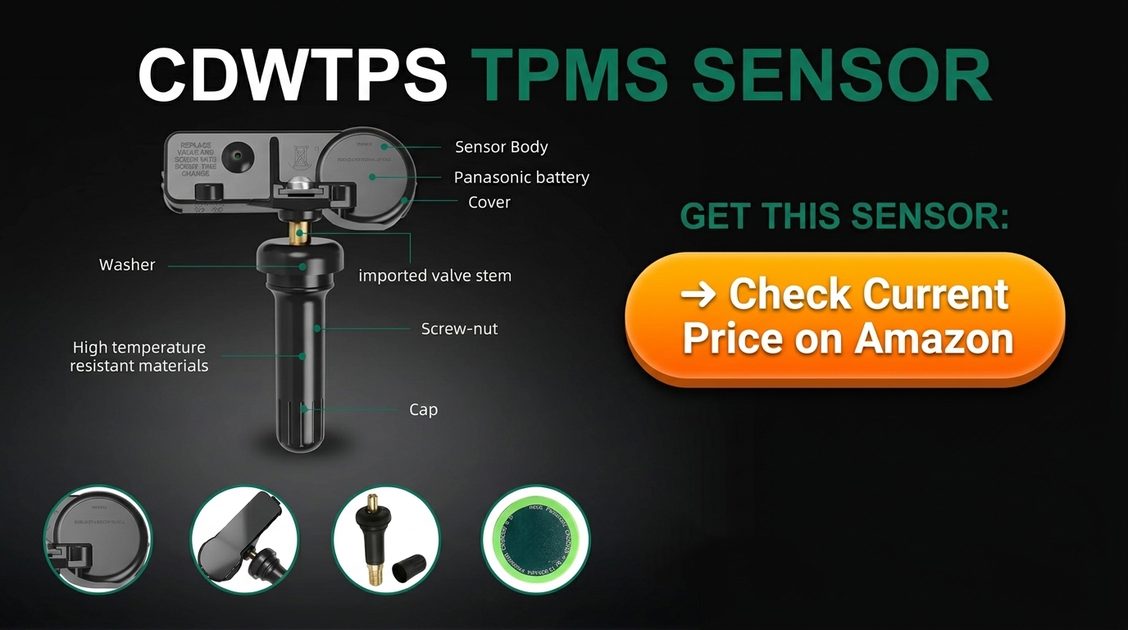Check Current Price on Amazon for CDWTPS GM 315MHz TPMS Sensors Driver's hand resting on steering wheel with dashboard TPMS icon glowing green, bottom button overlay reading "Check Current Price on Amazon"